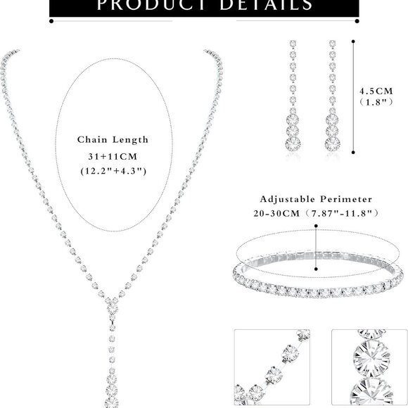 Silver Bridal Jewelry Set Rhinestone Necklace Bracelet Dangle Earrings for Bride - Picture 6 of 7